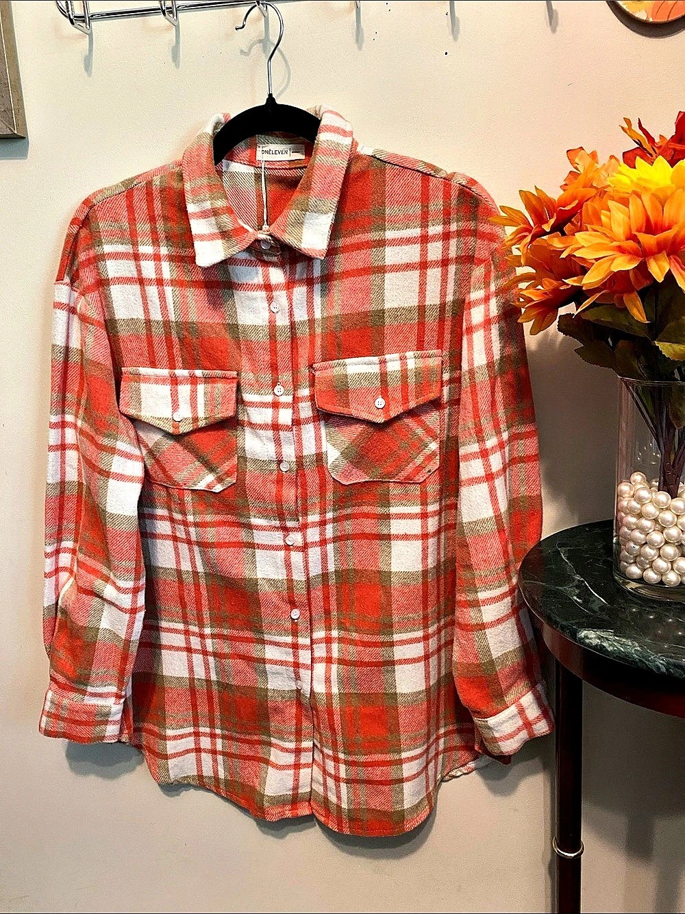 NWOT ONELEVEN Plaid Button Down Shirt in Orange & White Size Medium